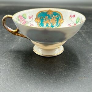 Floral Teacup with Gold Handle, teal, gold, pink, Trimount China